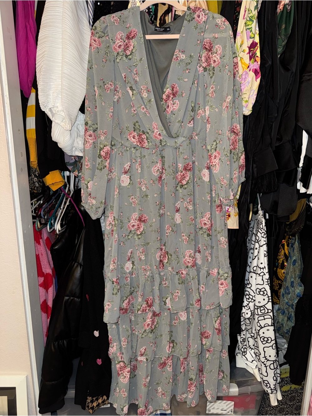 Floral Tiered V-Neck Maxi Dress - Pink Floral on Sage